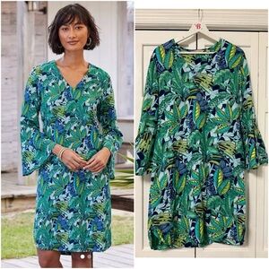 Soft Surroundings Linen Blend Bell Sleeve Floral Beach Resortwear Dress Medium